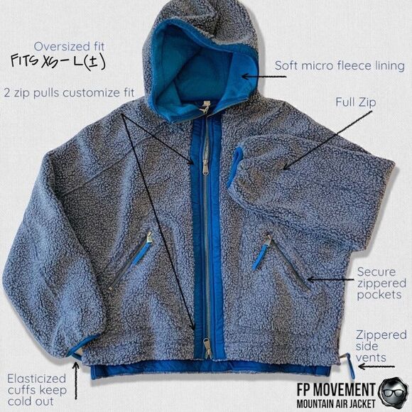 FP MOVEMENT MOUNTAIN AIR SHERPA FULL ZIP HOODED JACKET BLUE WOMEN OVERSIZED XS-L - Picture 4 of 16